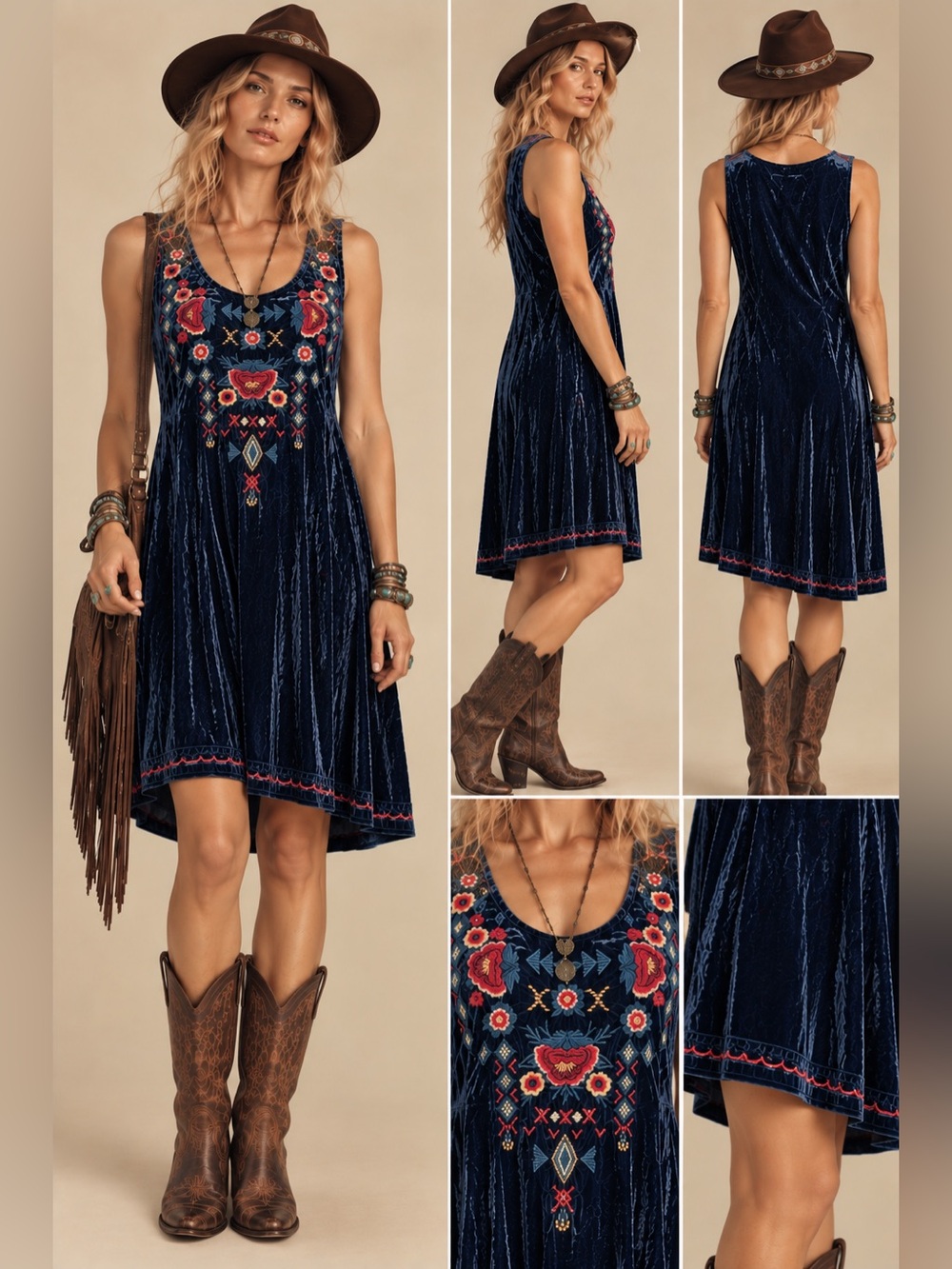 Johnny Was velour embroidered floral rayon silk tank sleeveless dress blue